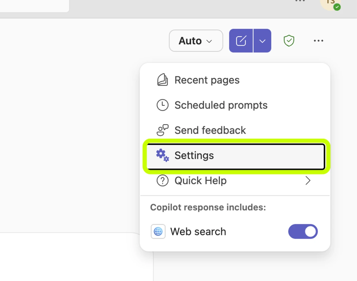 Copilot's three-dot menu open, top right, with Settings highlighted.