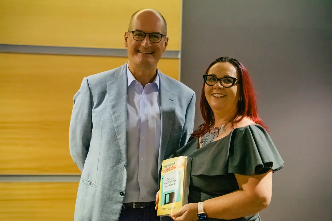 Tracy Sheen with David Koch at the Brisbane launch of The End of Technophobia.