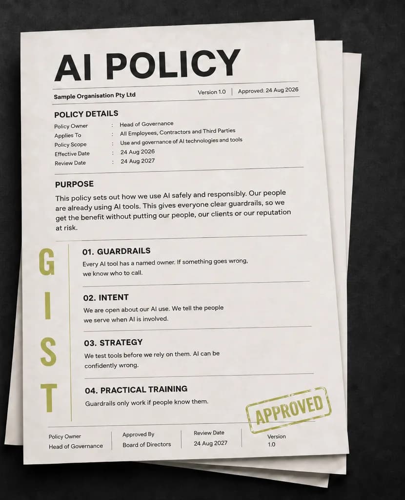 A finished AI policy document showing its sections: policy details, purpose, and the four GIST sections of guardrails, intent, strategy and practical training, with an approved stamp.