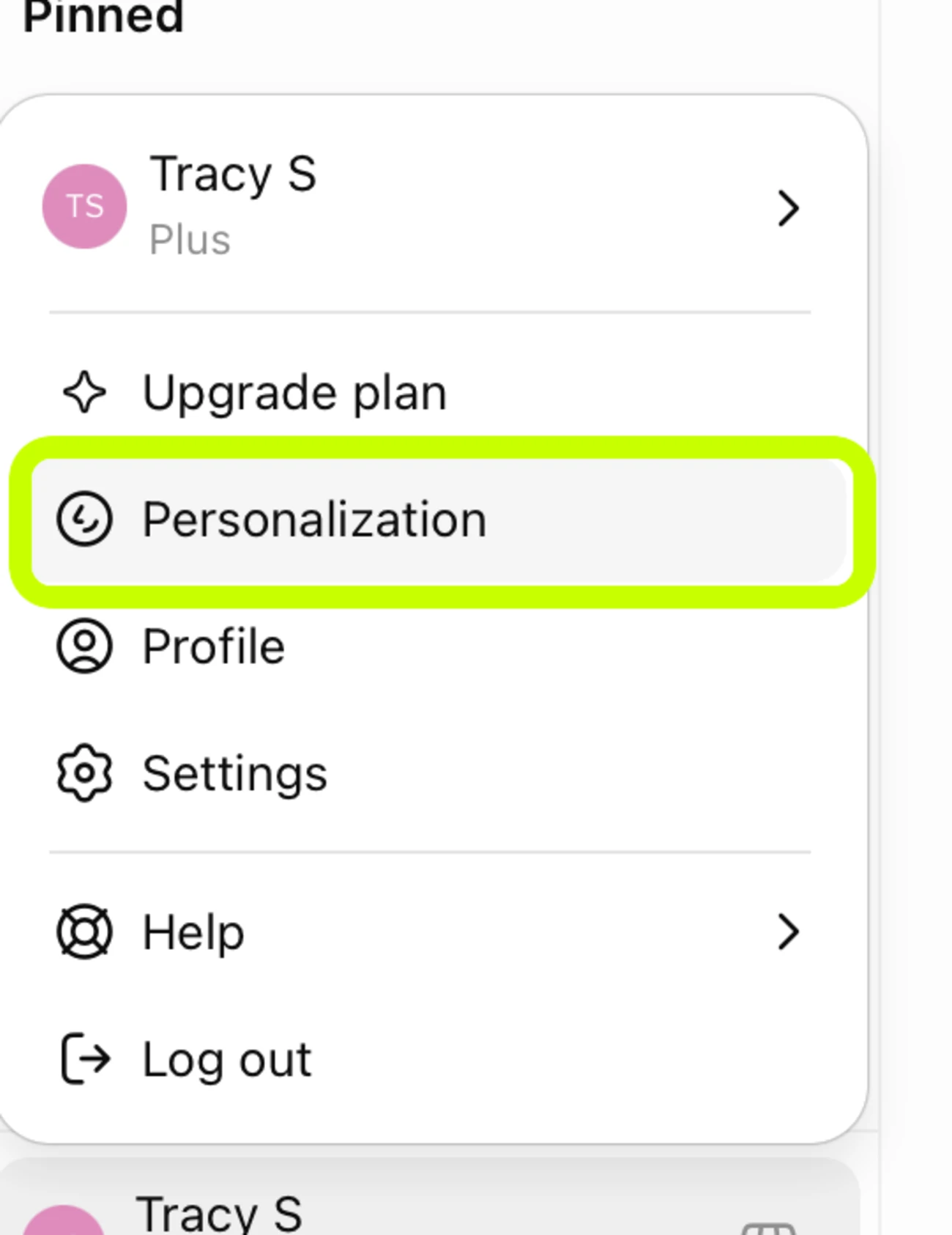 ChatGPT account menu with Personalization highlighted.