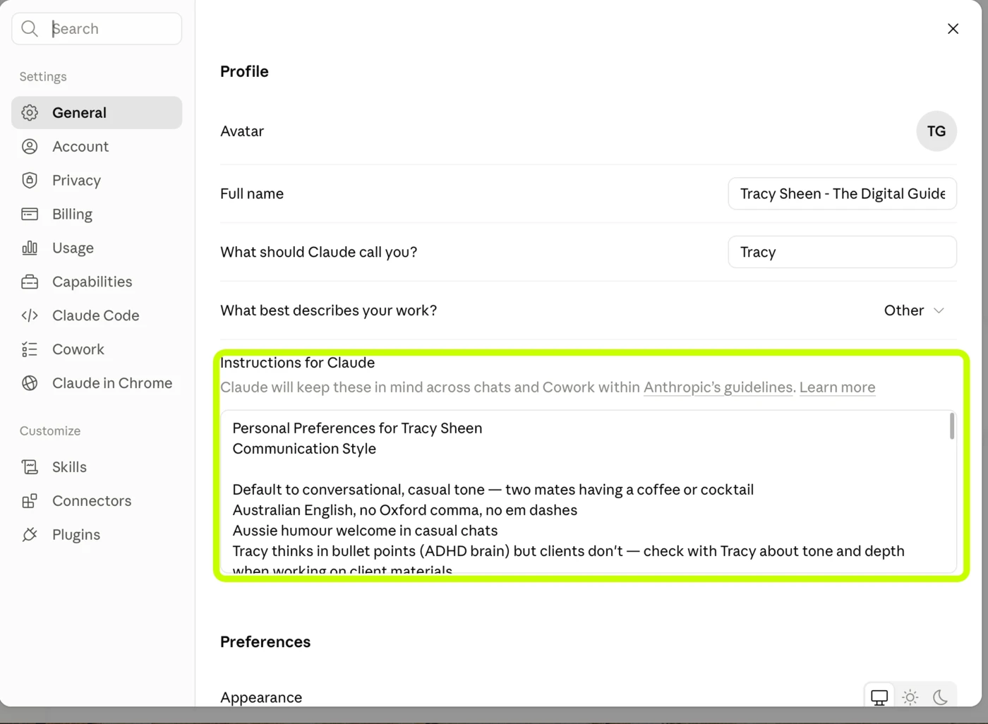 Claude's Settings, General tab, showing the Instructions for Claude field.