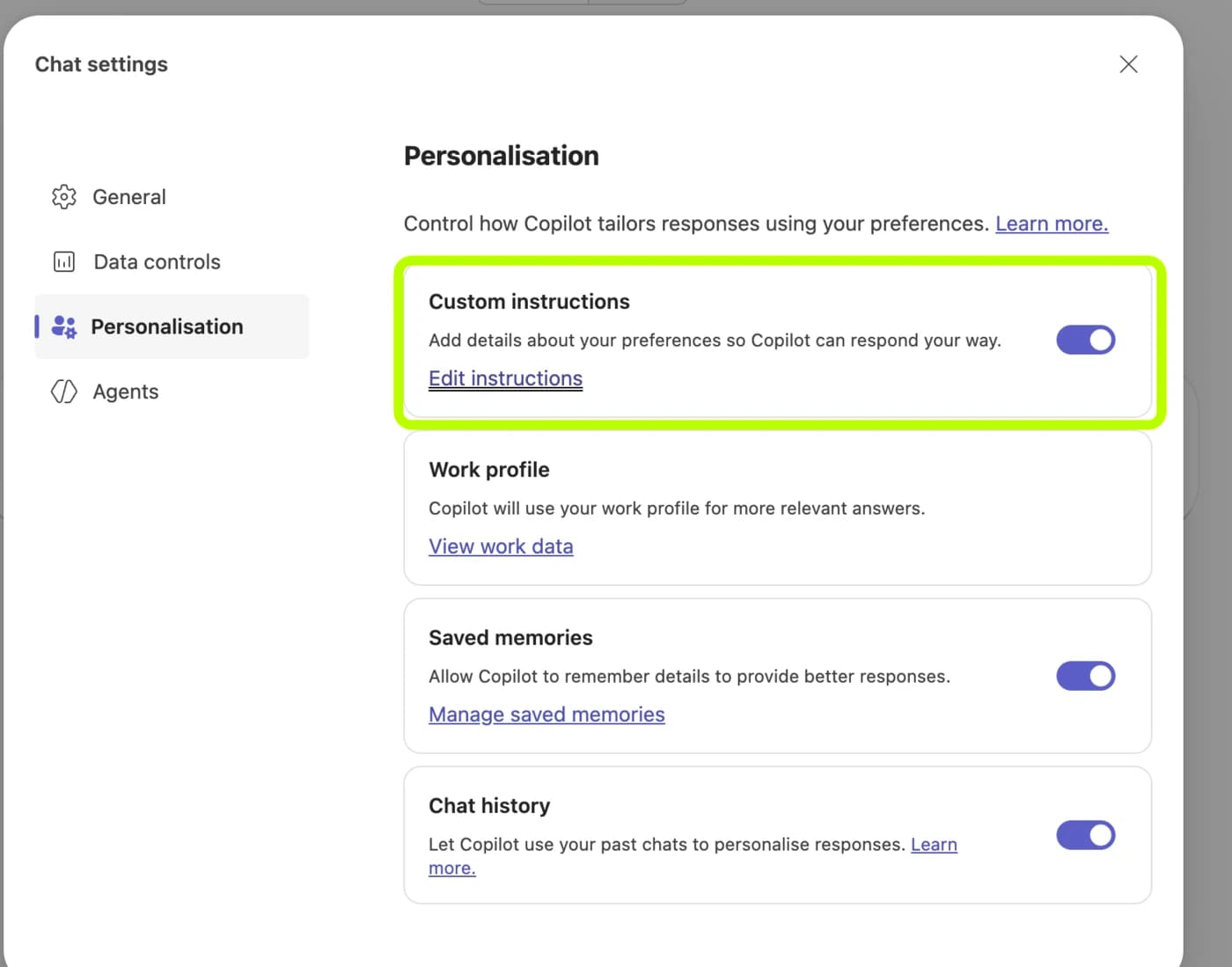 Copilot's Personalisation tab with the Custom instructions tile, toggle on and Edit instructions.