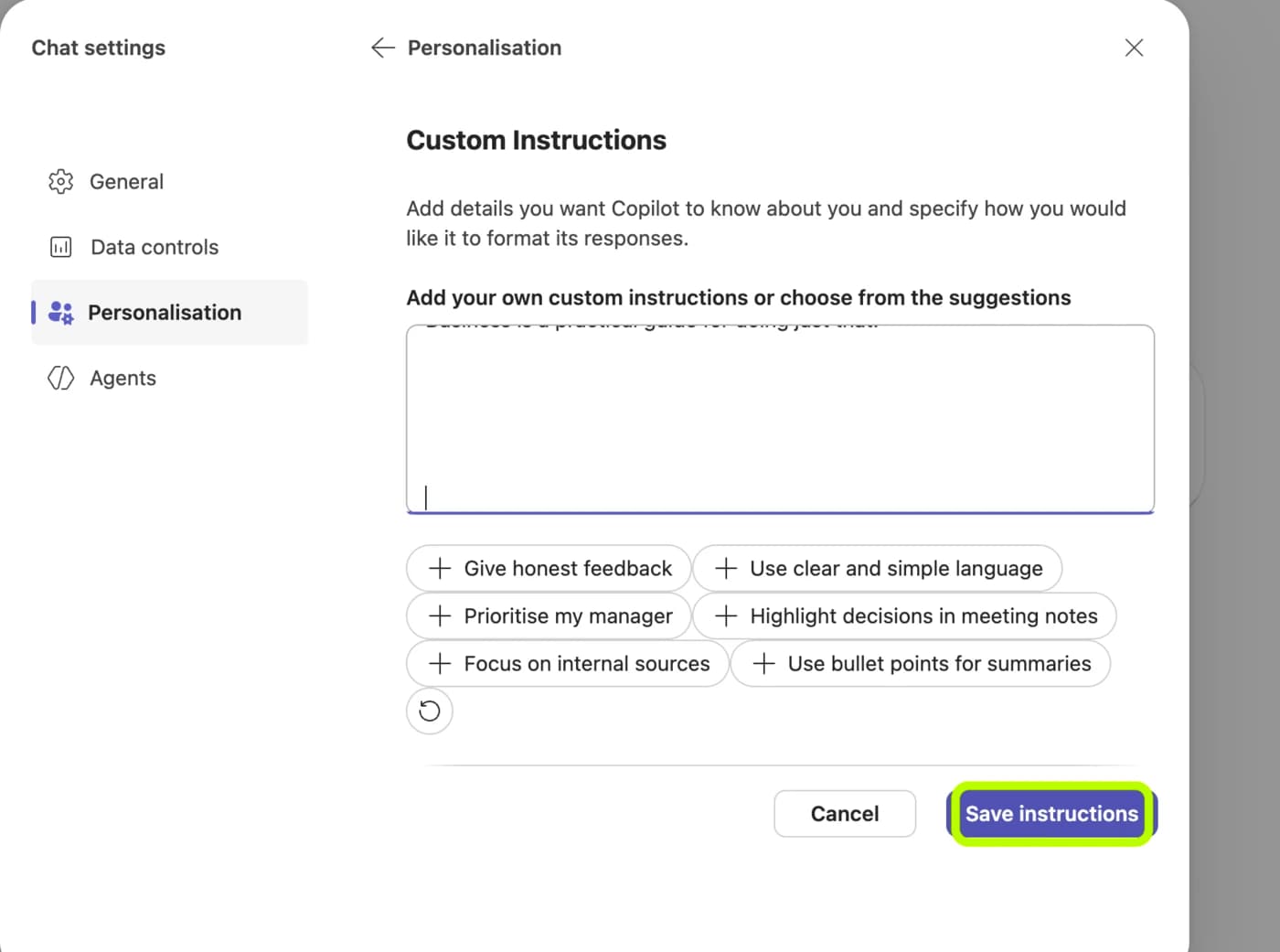 Copilot's Custom instructions compose box with the Save instructions button active.