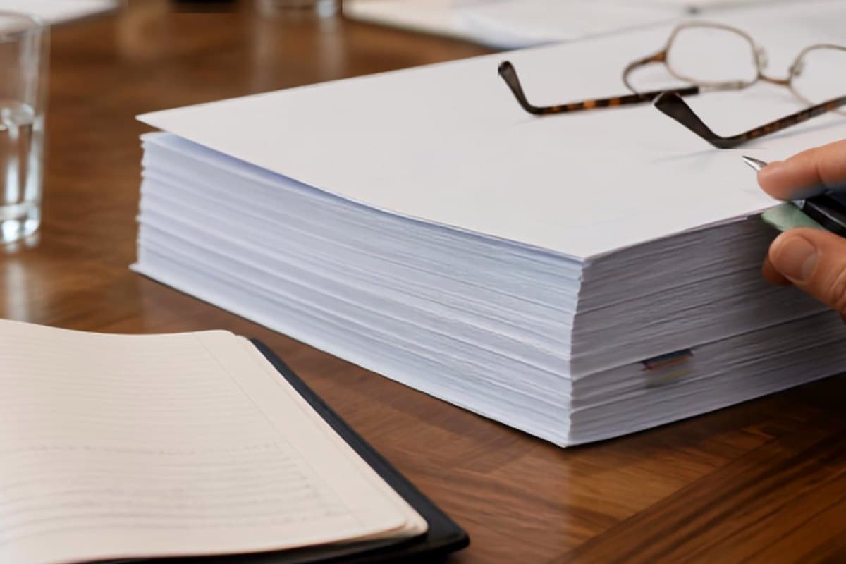 A thick printed board pack on a boardroom table beside reading glasses, a pen and an open notebook.