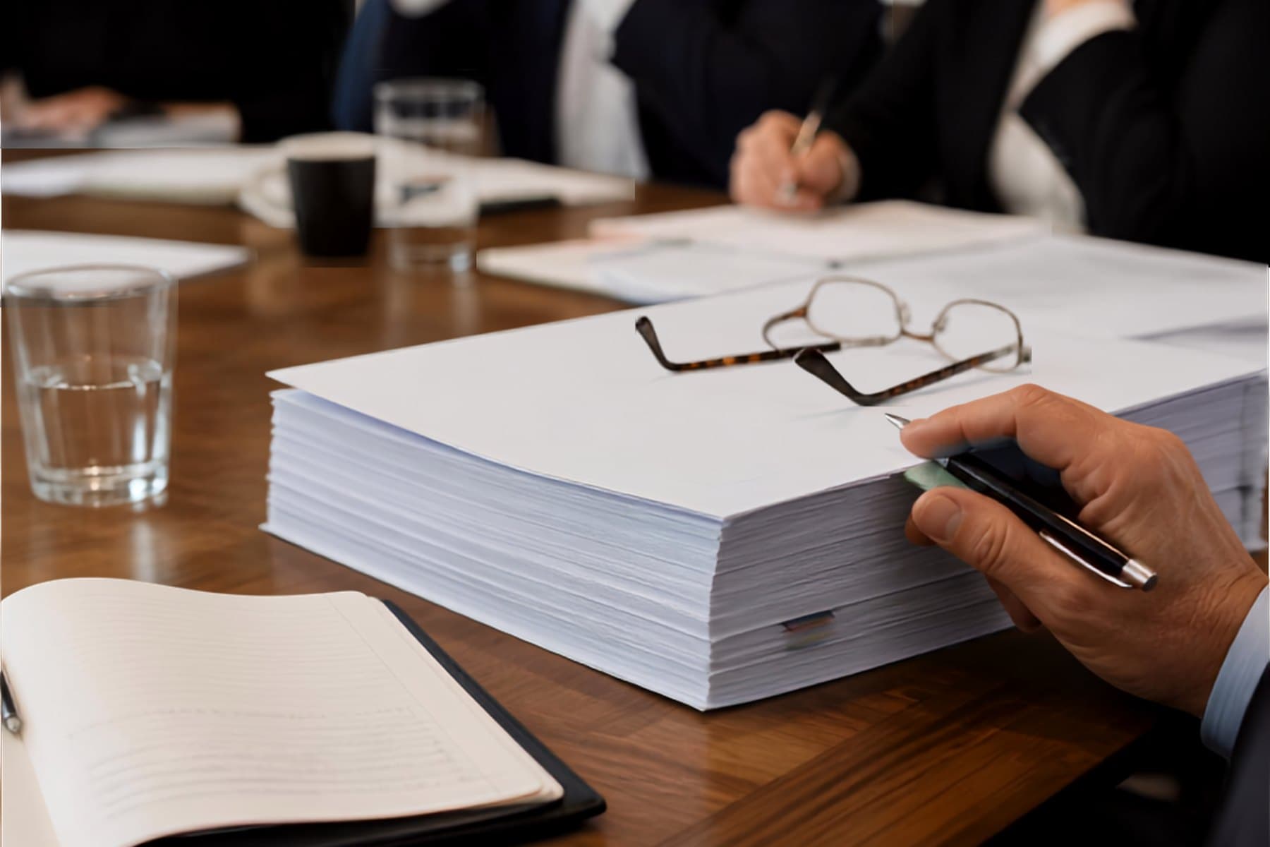 A thick printed board pack on a table beside reading glasses.