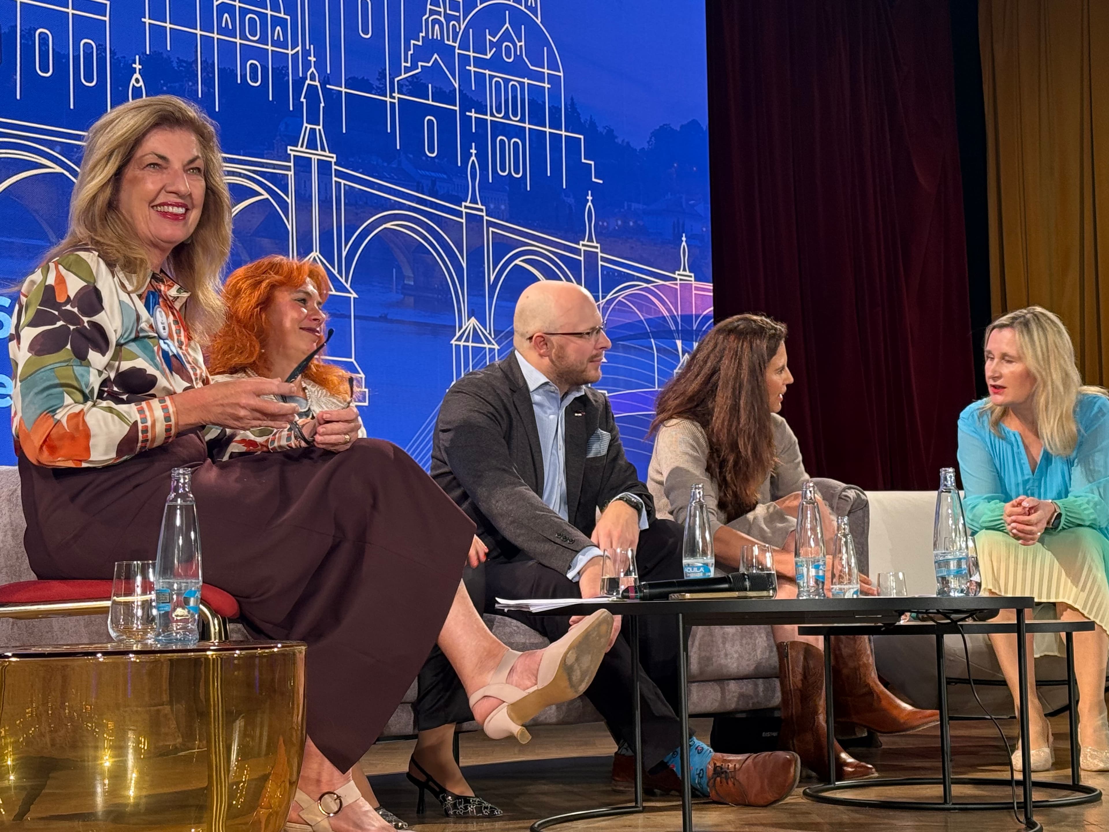 Five speakers on stage for the Human Vision, AI Possibility panel at the World FCEM Congress in Prague