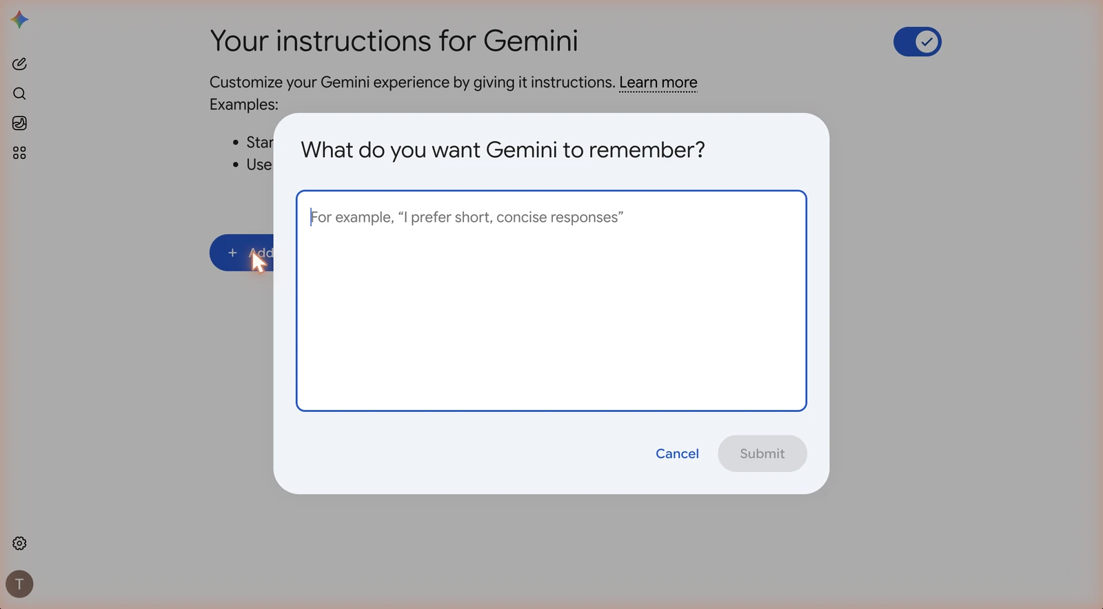The Add dialog open, asking what you want Gemini to remember, with an empty text box and a greyed out Submit button.