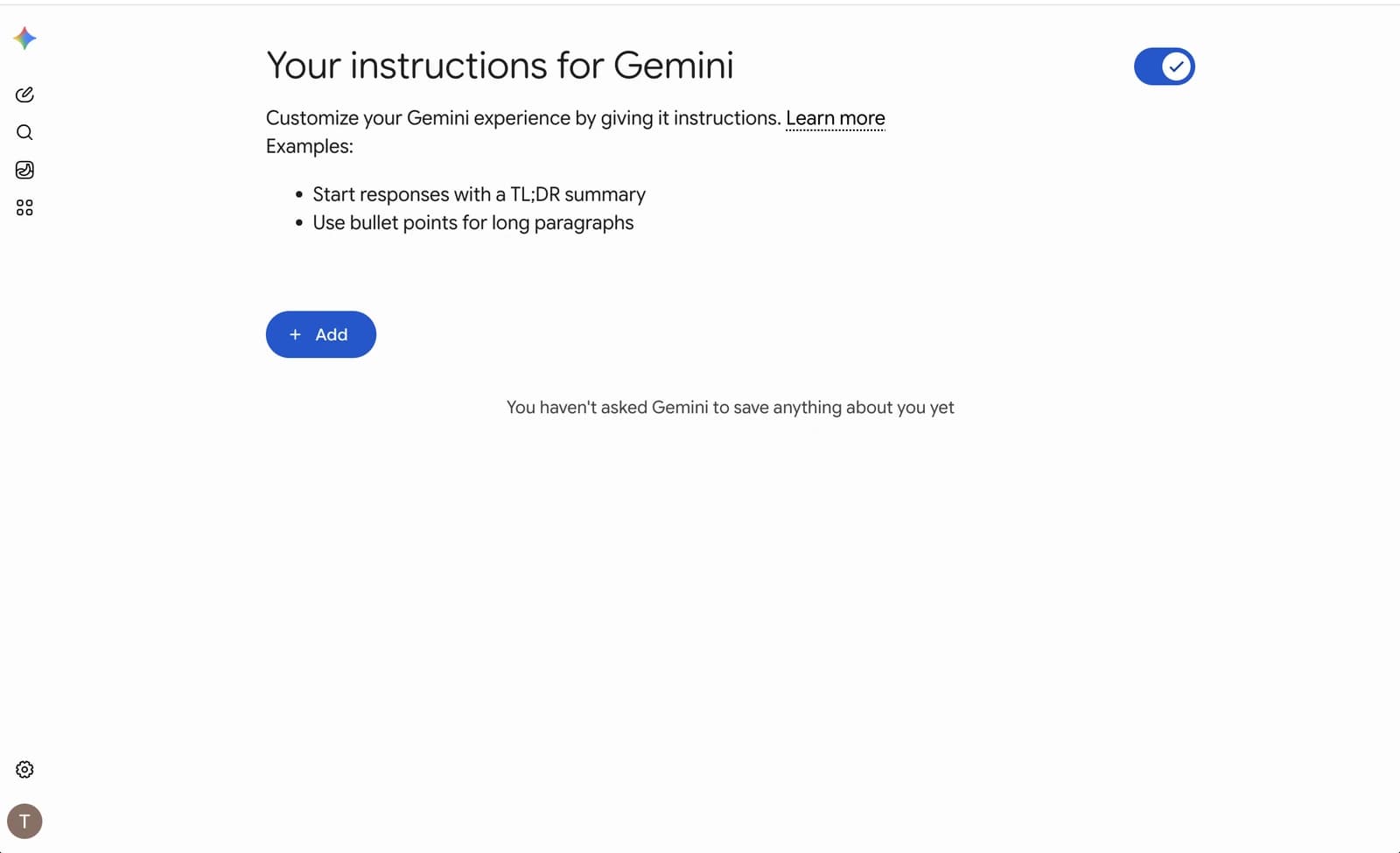 Gemini's Your instructions for Gemini page, with the on toggle at the top right and the Add button below the examples.