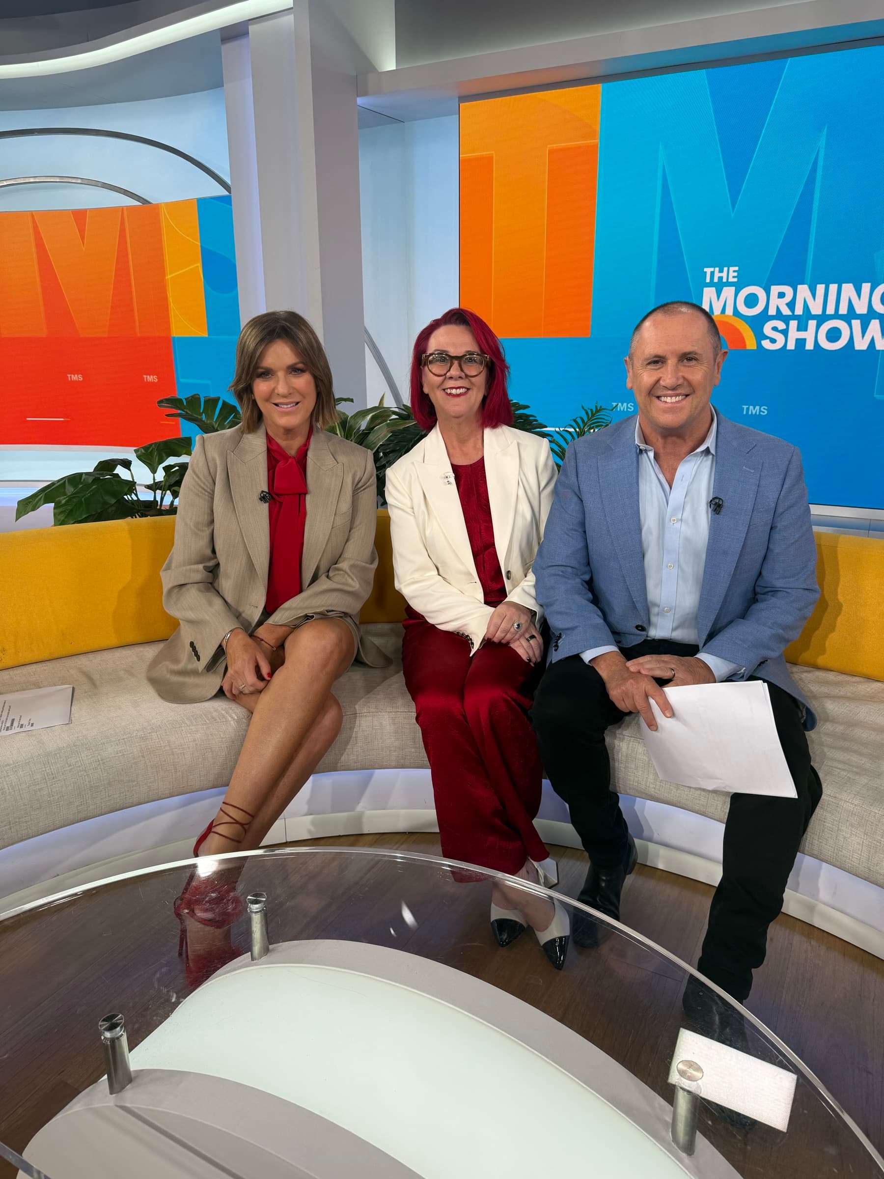 Tracy Sheen on The Morning Show couch with hosts Kylie Gillies and Larry Emdur