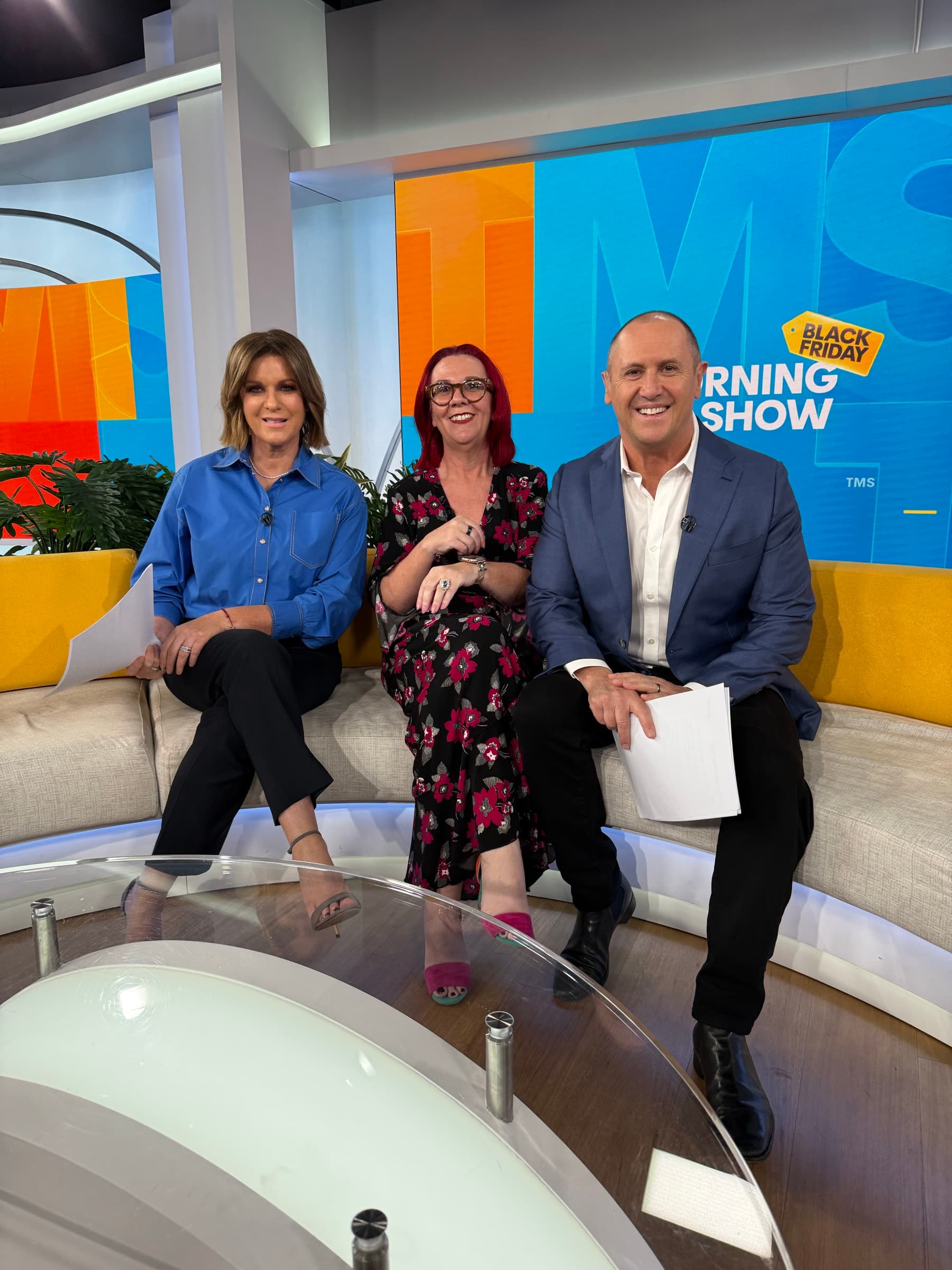 Tracy Sheen on The Morning Show couch with hosts Kylie Gillies and Larry Emdur