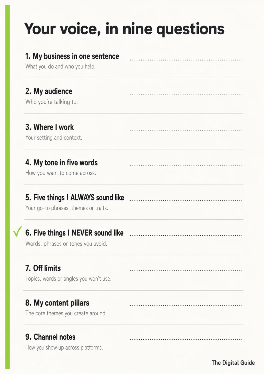 Your voice in nine questions: a printable worksheet from The Digital Guide, with the NEVER list flagged as the one that matters most.