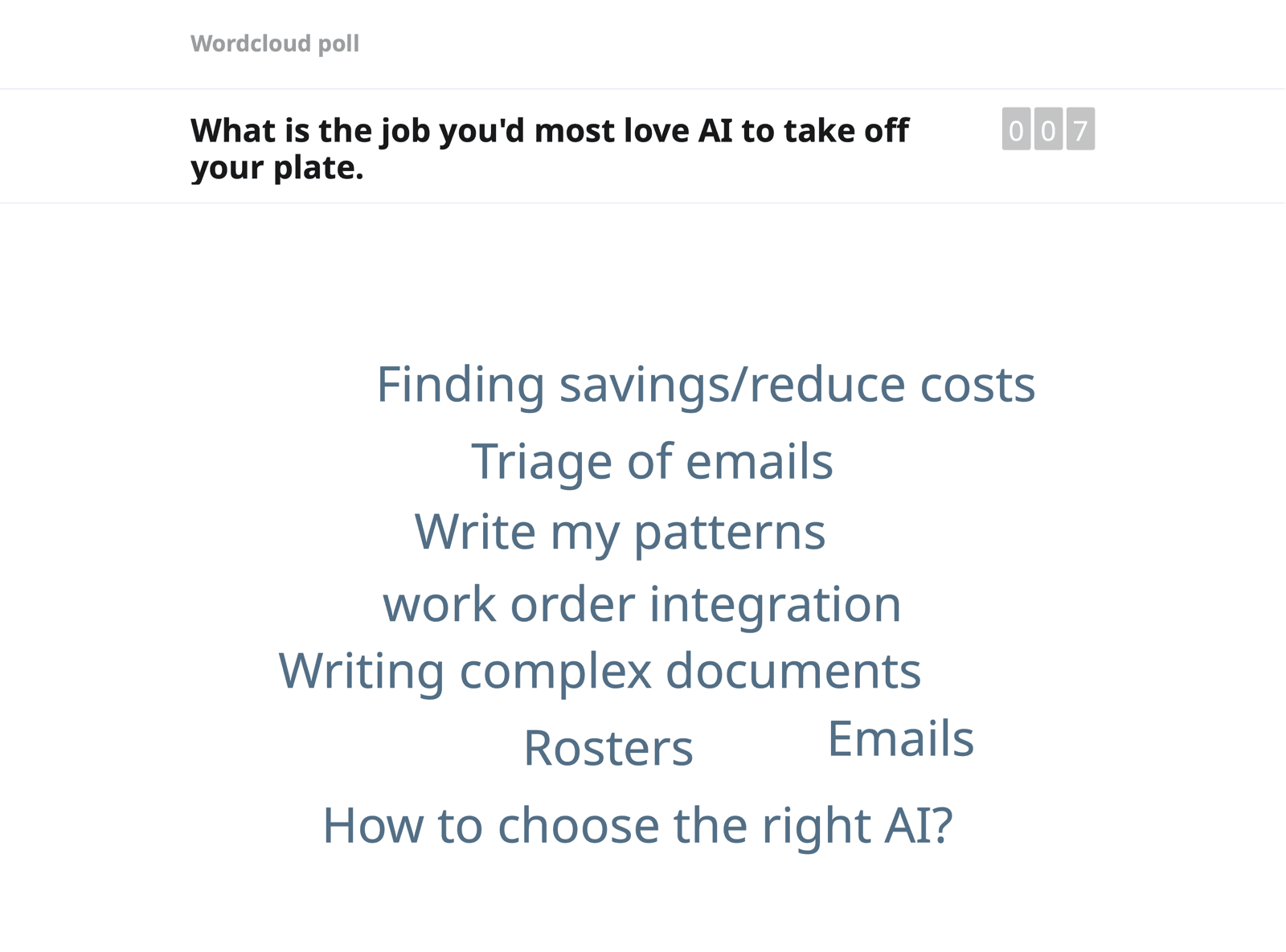 Slido word cloud: what is the job you'd most love AI to take off your plate? Triage of emails, rosters, writing complex documents and work order integration feature